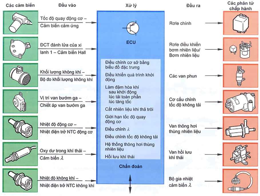 Sơ đồ khối của các cảm biến và bộ chấp hành trên hệ thống phun xăng điện tử LH-Jetronic